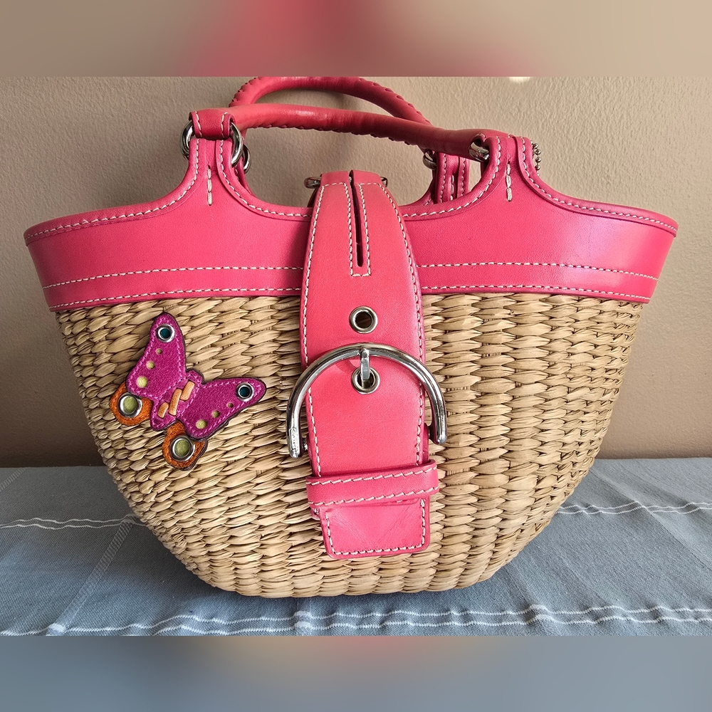 Coach Hot Pink Vintage Butterfly Straw Tote Bag